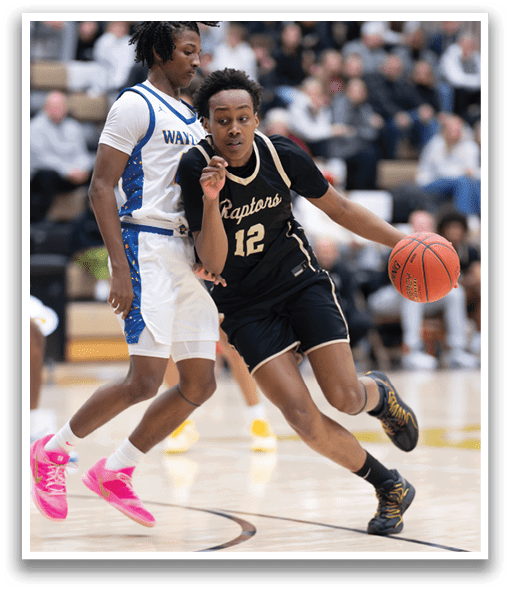 Two basketball players are running on the court, one wearing a blue jersey and the other wearing a black jersey. The player in the blue jersey is trying to block the player in the black jersey from getting the ball. AI generated content