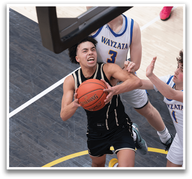 Two basketball players are fighting for the ball, with one player holding the ball and the other trying to block him. AI generated content