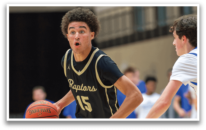 A basketball player wearing a black and gold jersey with the number 15 on it is running with a basketball in his hand. AI generated content