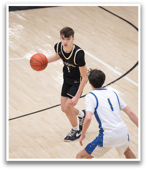 Two basketball players on a court, one holding a basketball. AI generated content