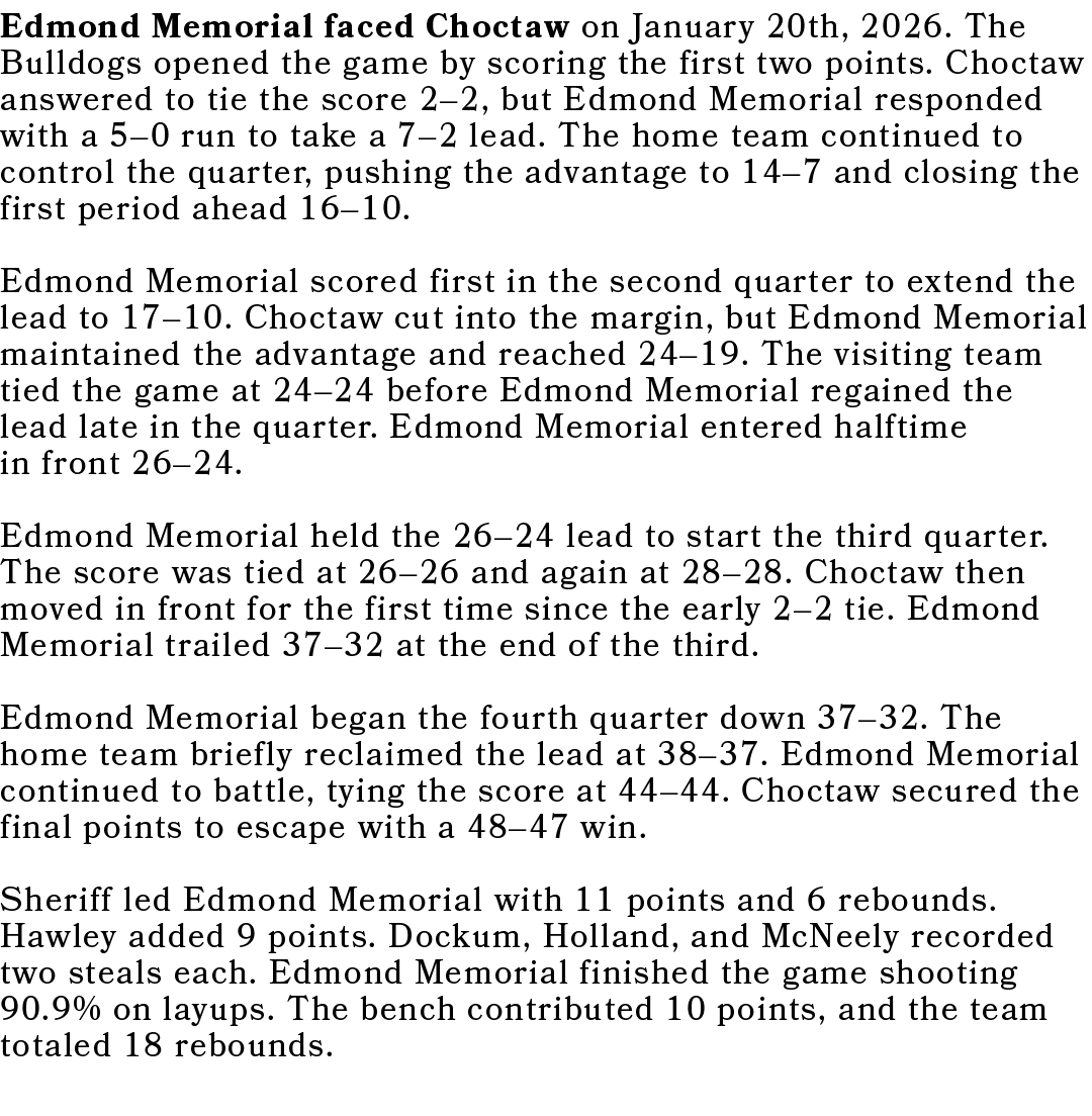 Edmond Memorial faced Choctaw on January 20th, 2026. The Bulldogs opened the game by scoring the first two points. Ch...