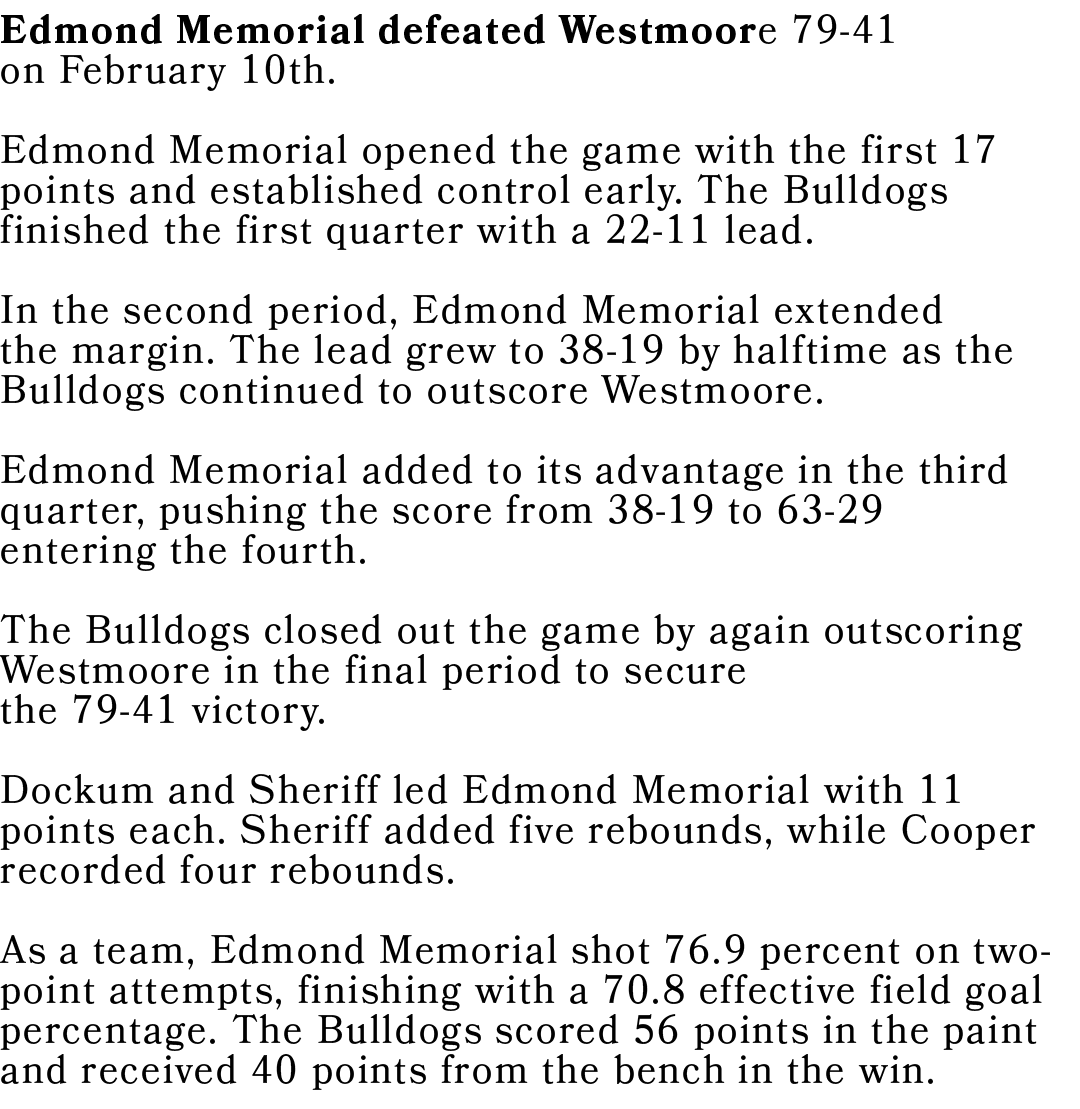 Edmond Memorial defeated Westmoore 79-41 on February 10th. Edmond Memorial opened the game with the first 17 points a...