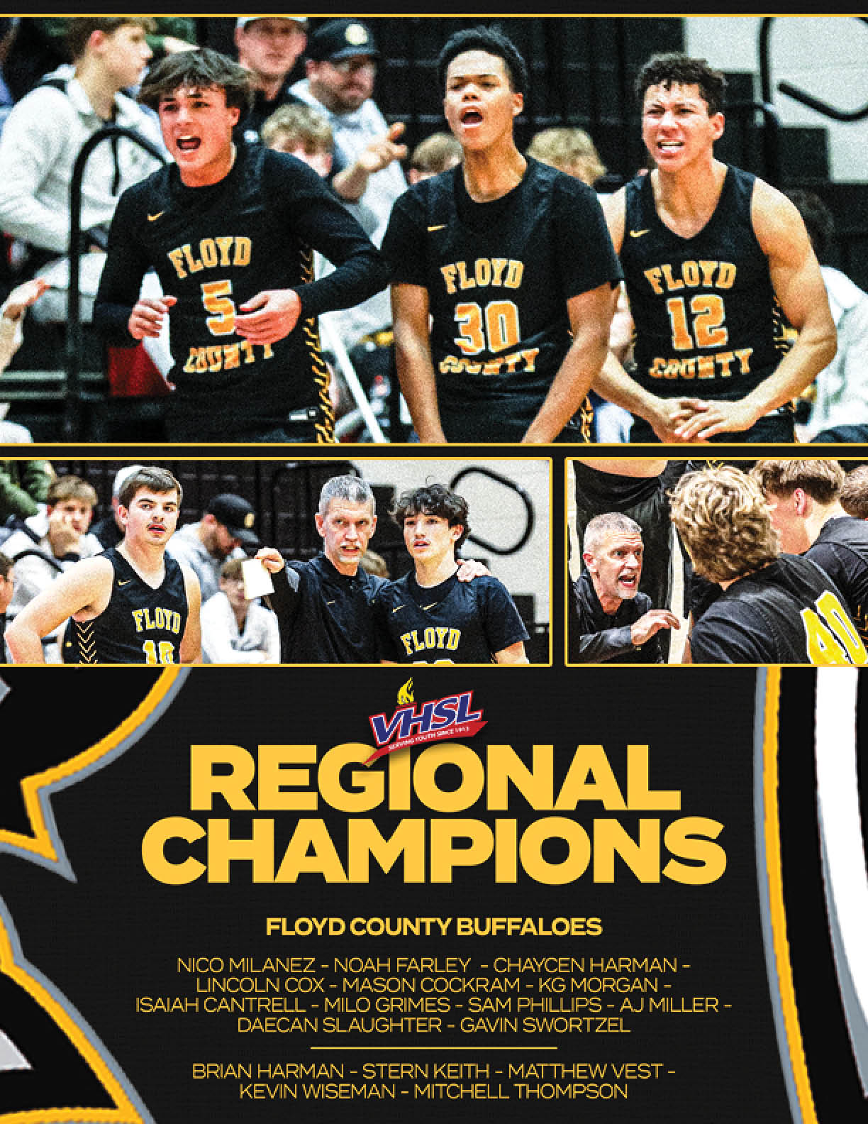 Basketball players from Floyd County are shown celebrating their regional championship. AI generated content