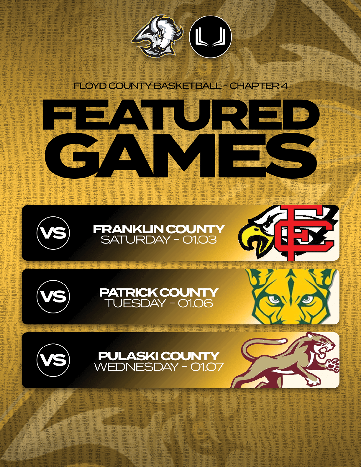 A flyer advertising a basketball game between Franklin County and Pulaski County. AI generated content