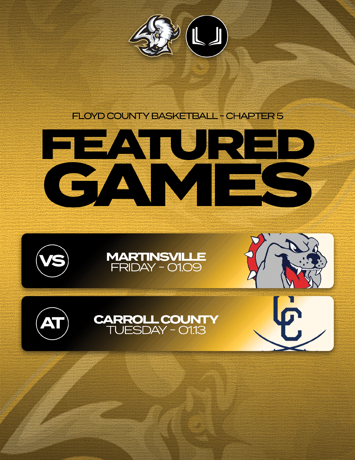 A flyer advertising a basketball game between Carroll County and Martinsville. AI generated content