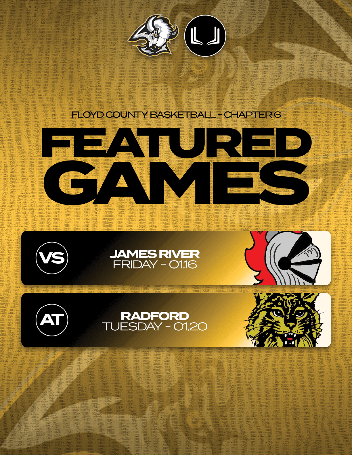 A poster advertising a basketball game between James River and Radford. AI generated content