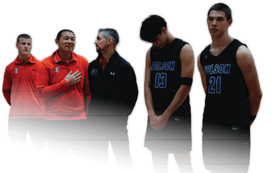 Four men wearing black and orange sports uniforms are standing in a row. AI generated content