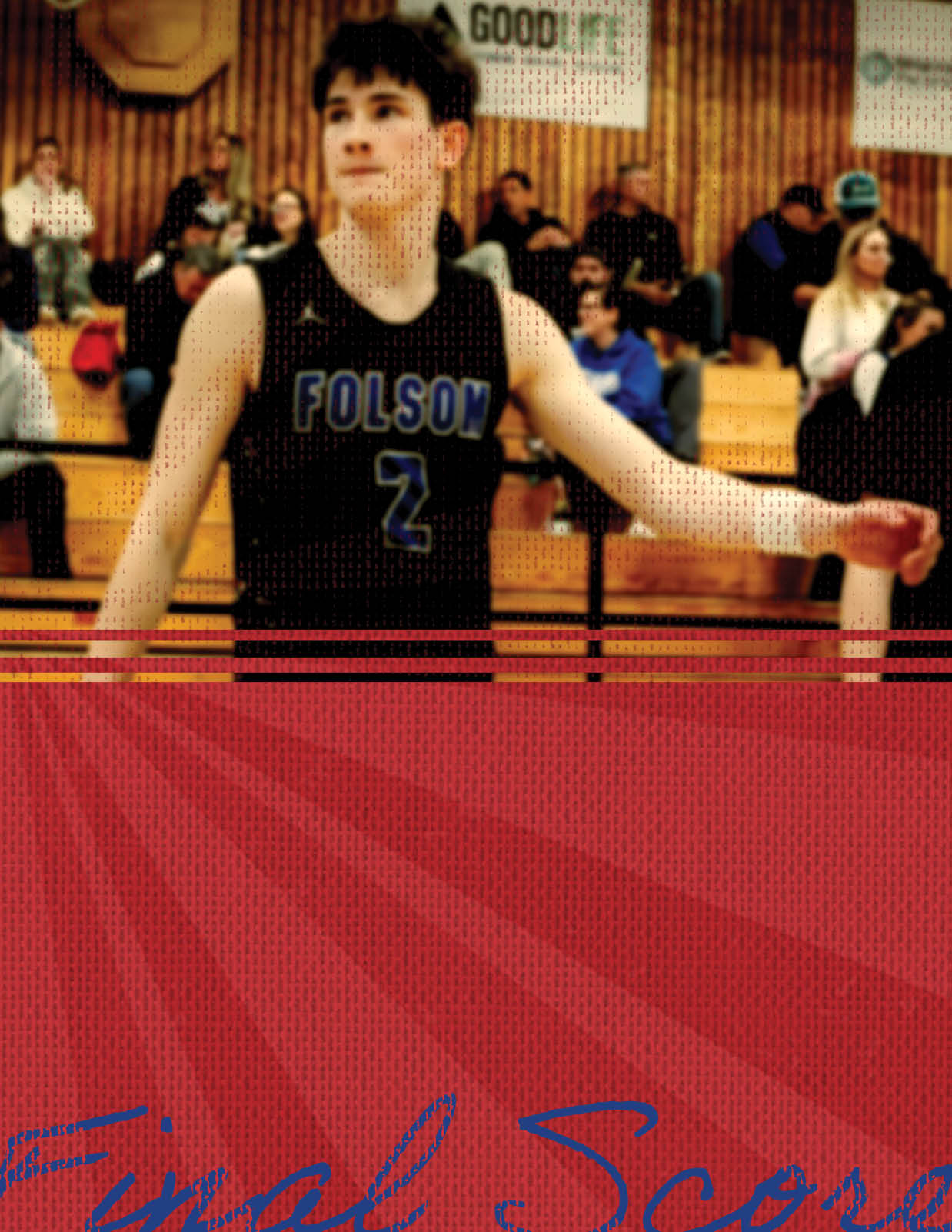 A young man wearing a black shirt with the word “Folsom" on it stands on a basketball court. AI generated content
