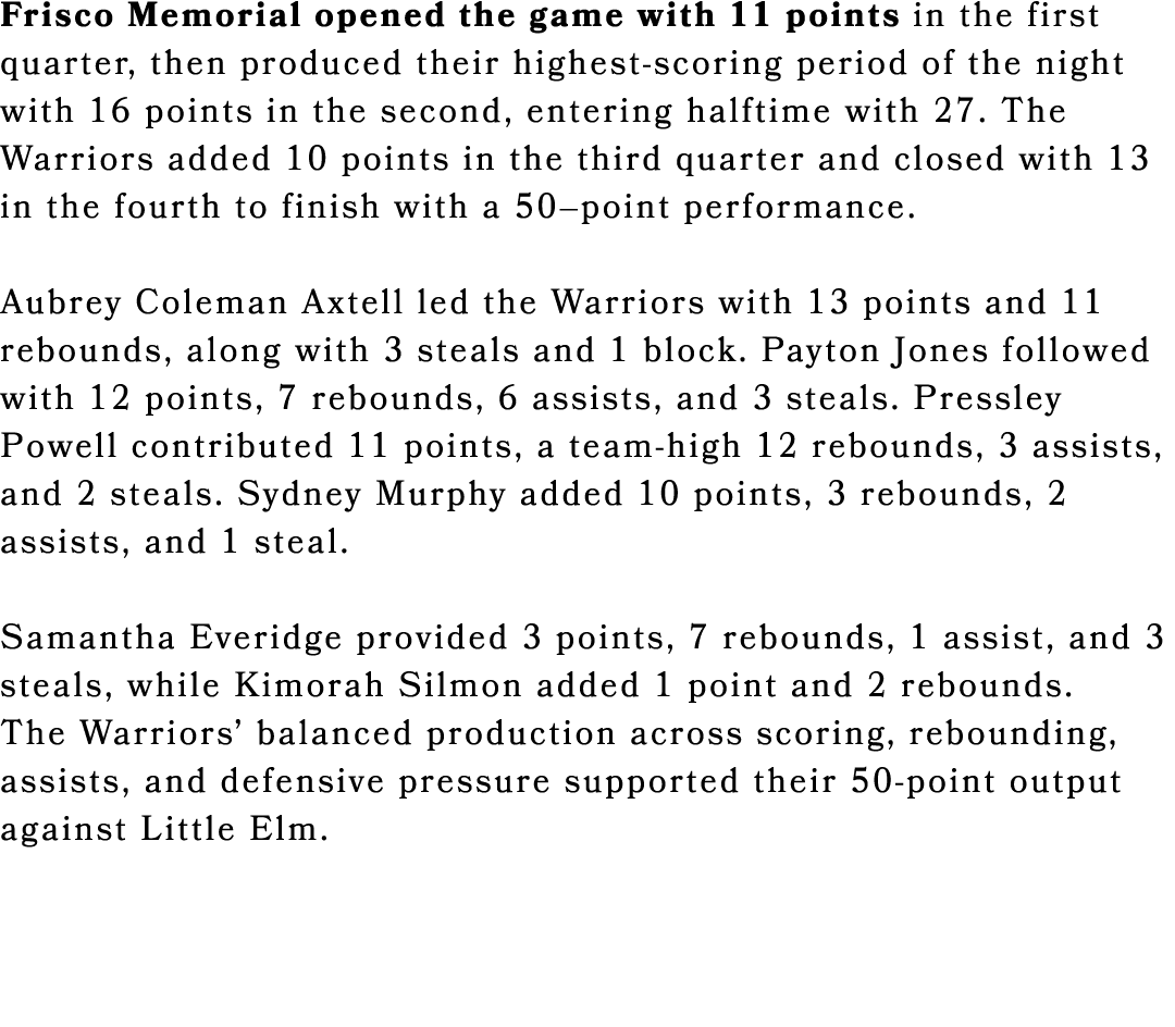 Frisco Memorial opened the game with 11 points in the first quarter, then produced their highest scoring period of th...