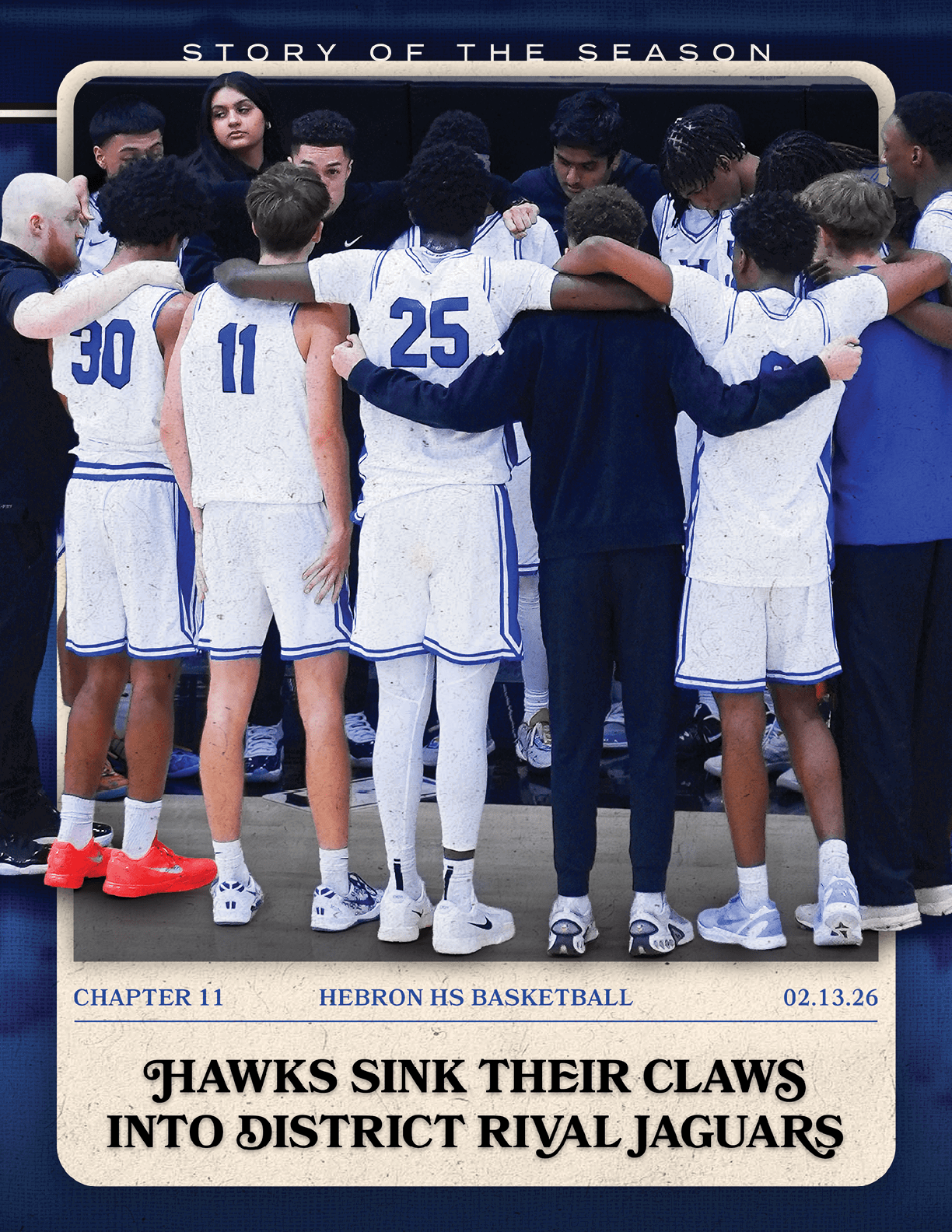 A group of basketball players huddle together on the court. AI generated content