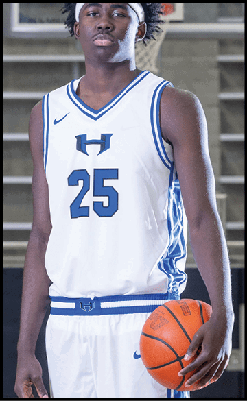 A basketball player wearing a white and blue uniform holds a basketball. AI generated content