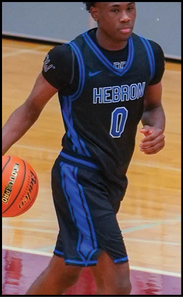 A basketball player wearing a blue jersey and purple shoes is running with a basketball. AI generated content
