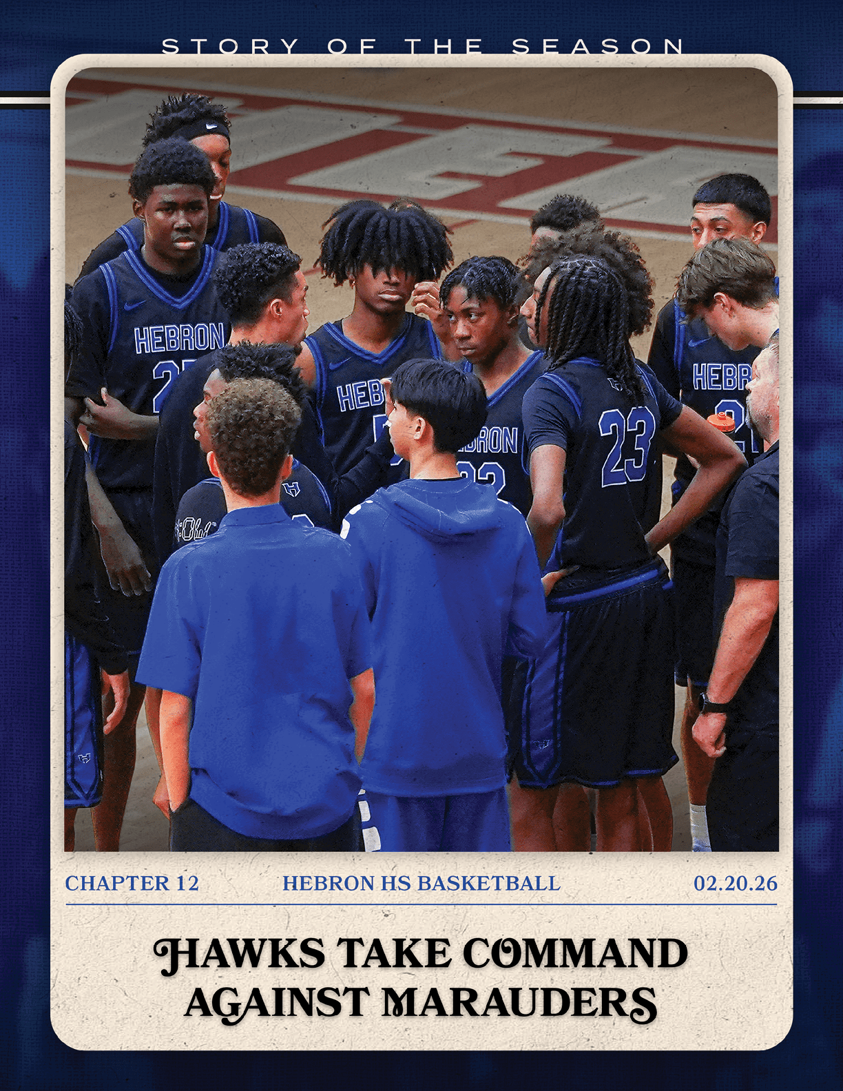 A group of basketball players wearing blue uniforms are talking to each other. AI generated content