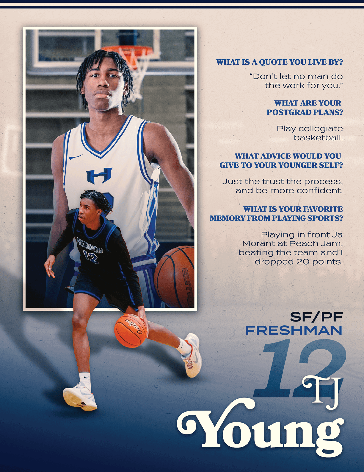 A young man holding a basketball in front of a sign that says “What is your favorite basketball player?". AI generated content