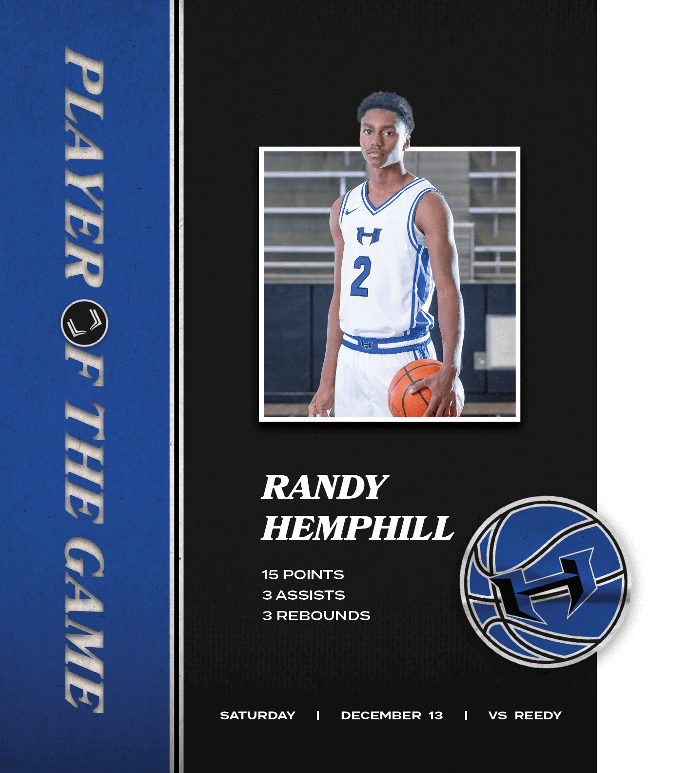  Randy Hemphill 15 POINTS 3 ASSISTS 3 REBOUNDS ,SATURday | DECember 13 | vs REED