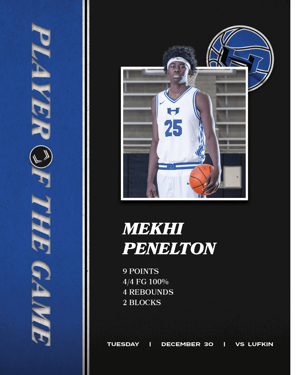  Mekhi Penelton 9 pOINts 4/4 FG 100% 4 Rebounds 2 BlOCks,TUESday | DECember 30 | vs LUFKI