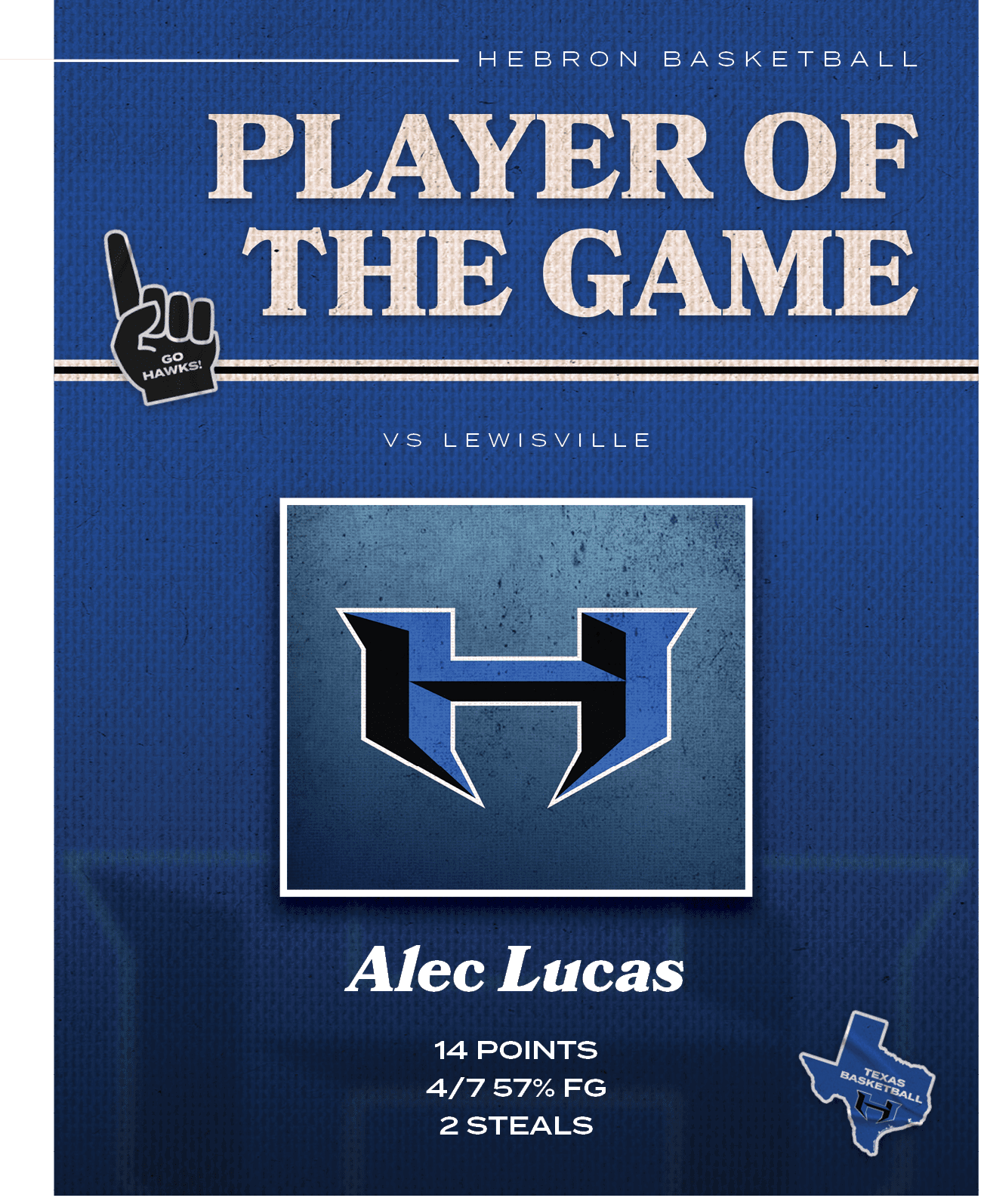 VS LEWISVILLE,HEBRON BASKETBALL,Alec Lucas 14 POINTS 4/7 57% FG 2 STEAL
