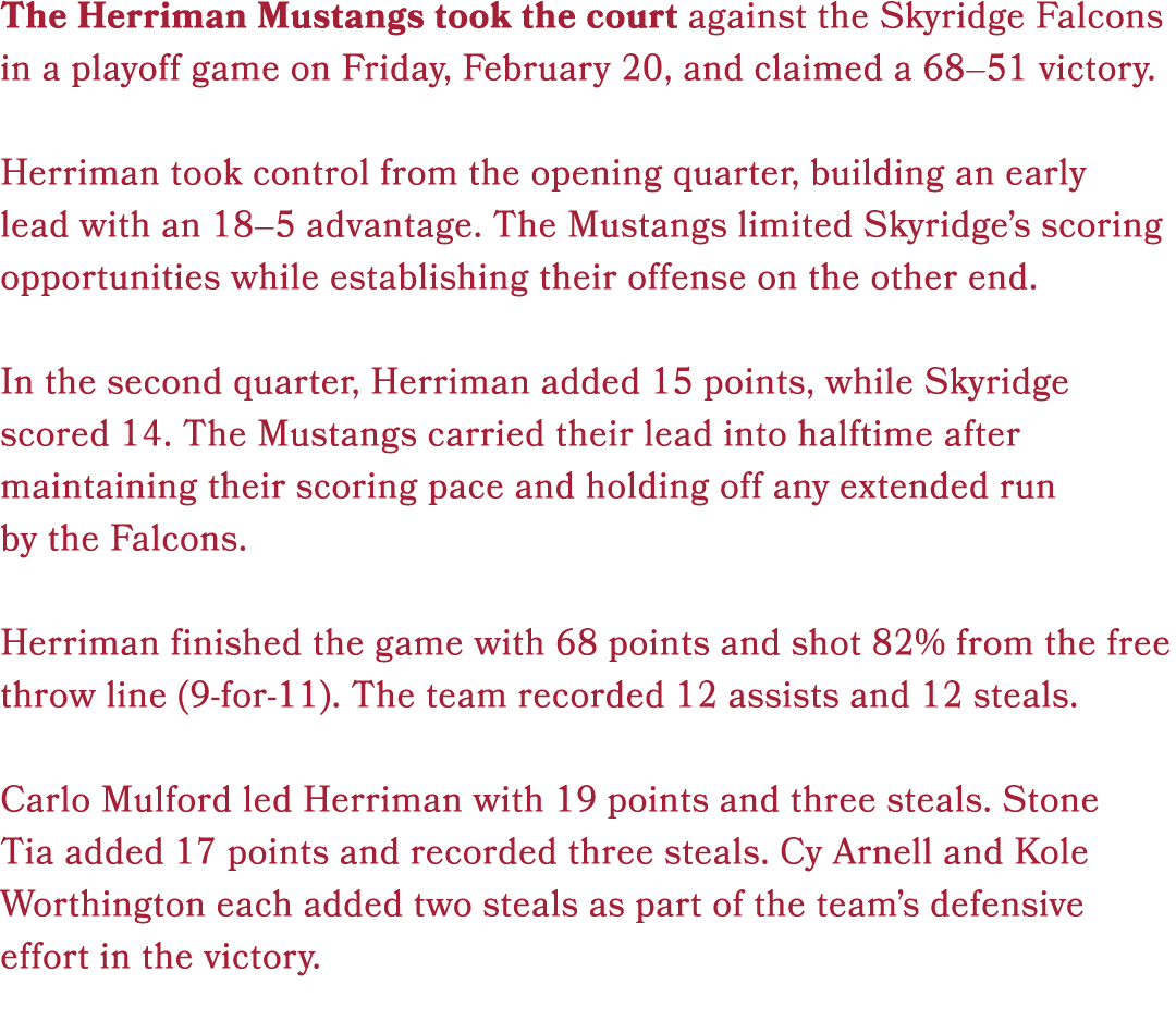 The Herriman Mustangs took the court against the Skyridge Falcons and claimed a 68–51 victory in a playoff game on Fr...