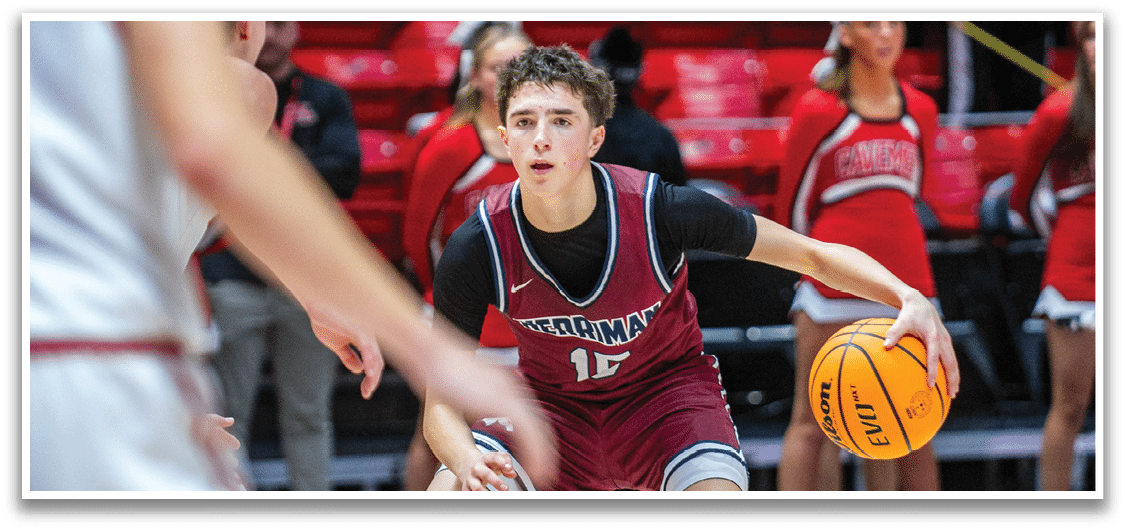 A basketball player in a maroon uniform is holding a basketball while another player in a white uniform is trying to block him. AI generated content