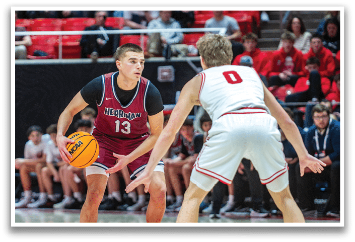 Two basketball players on a court, one wearing a maroon jersey and the other wearing a white jersey. AI generated content