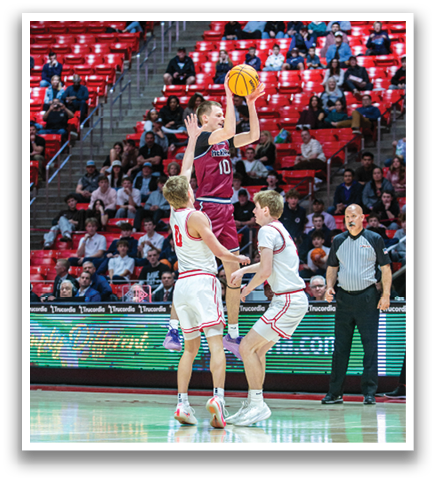 A basketball player is leaping in the air to grab the ball, while two other players look on. AI generated content