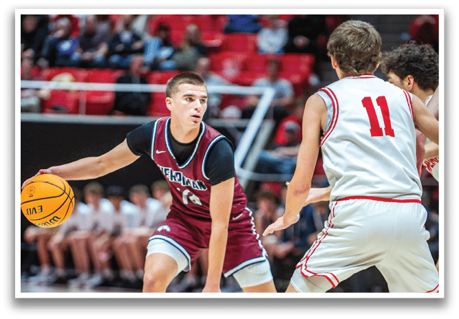 Two basketball players on a court, one with the number 11 on his jersey. AI generated content