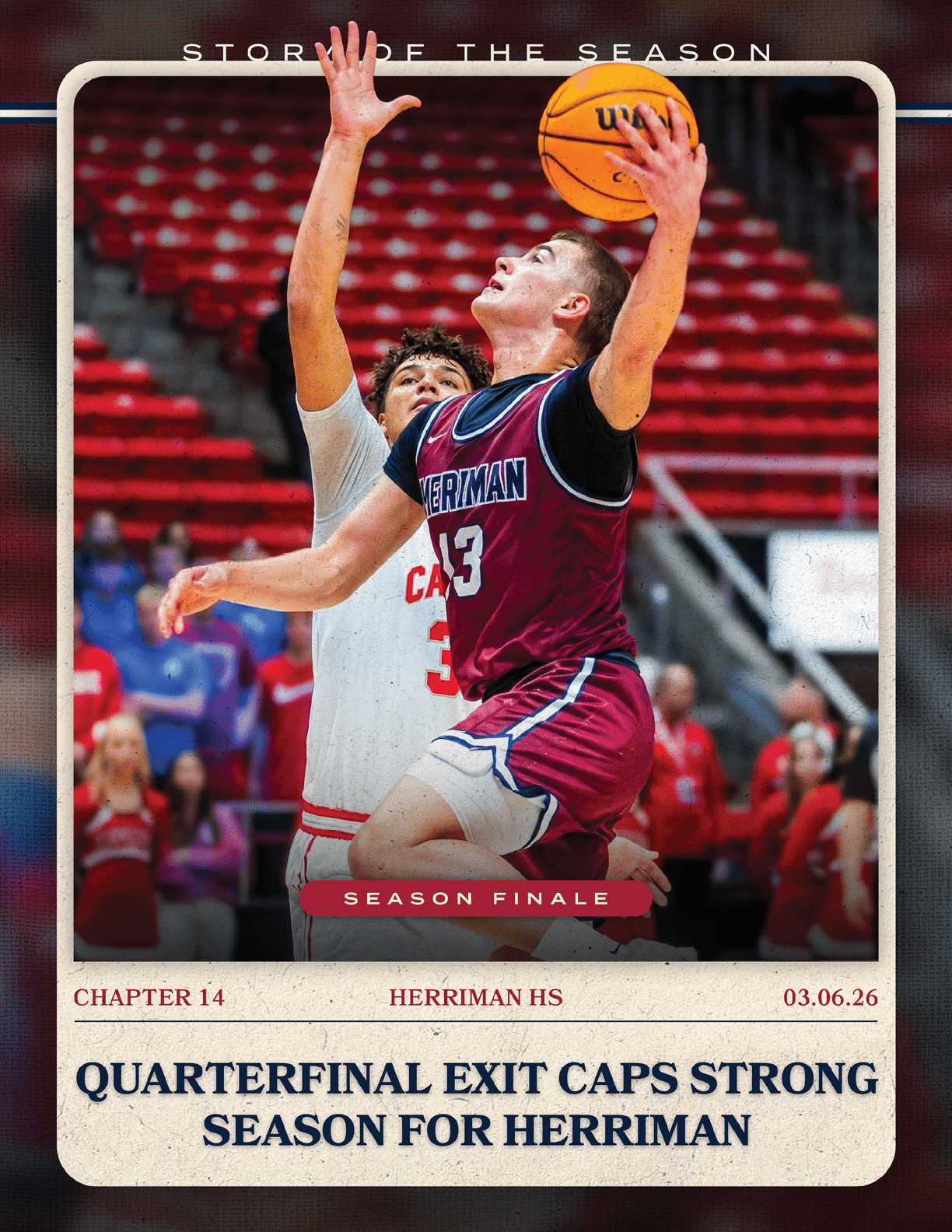 A basketball player in a red jersey is jumping to block a shot. AI generated content