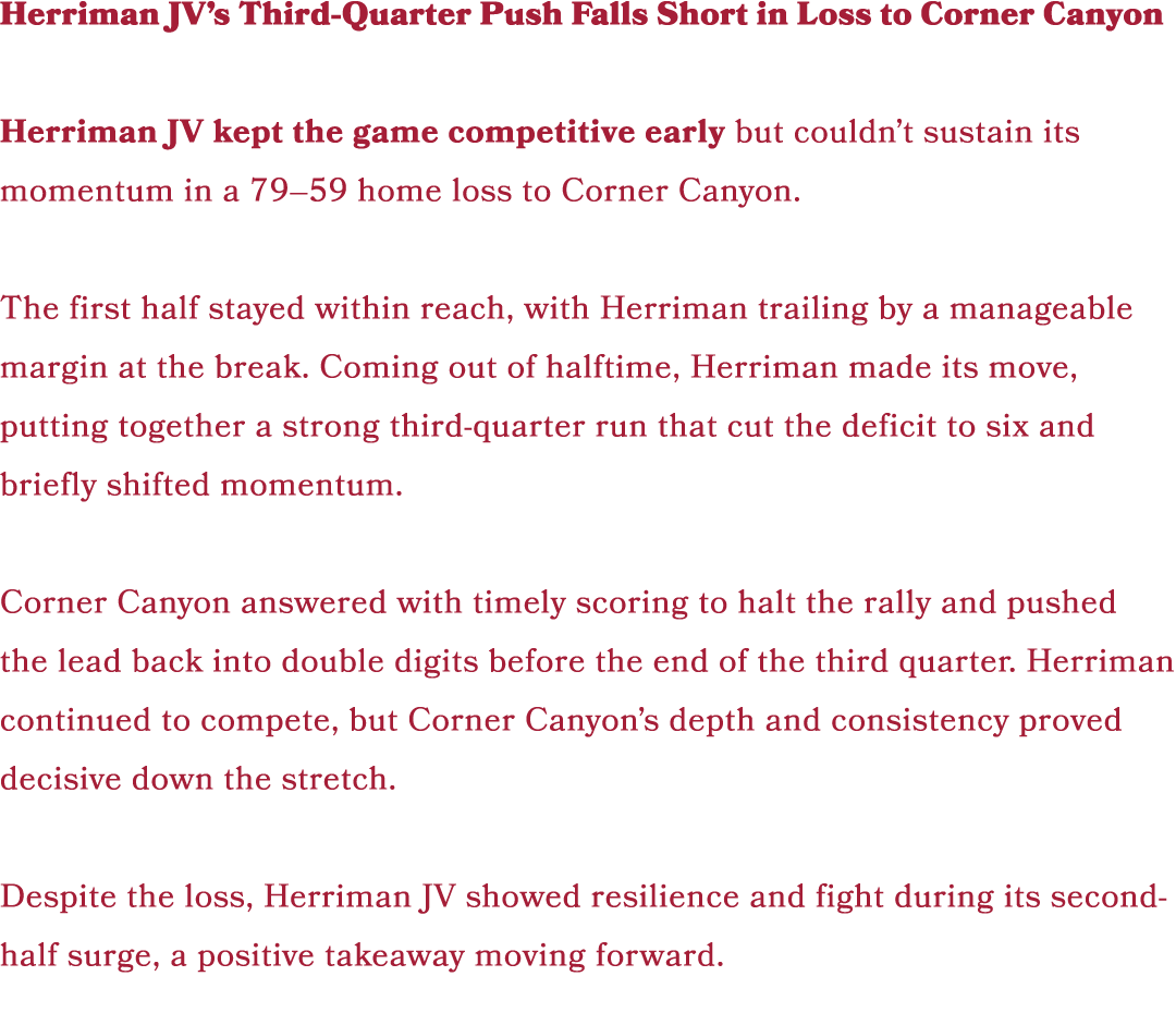 Herriman JV’s Third Quarter Push Falls Short in Loss to Corner Canyon Herriman JV kept the game competitive early but...