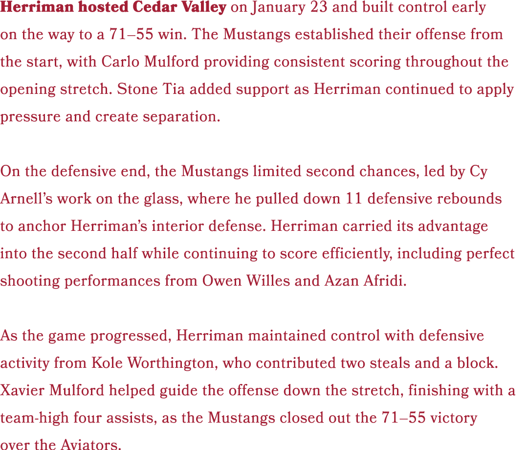 Herriman hosted Cedar Valley on January 23 and built control early on the way to a 71–55 win. The Mustangs establishe...