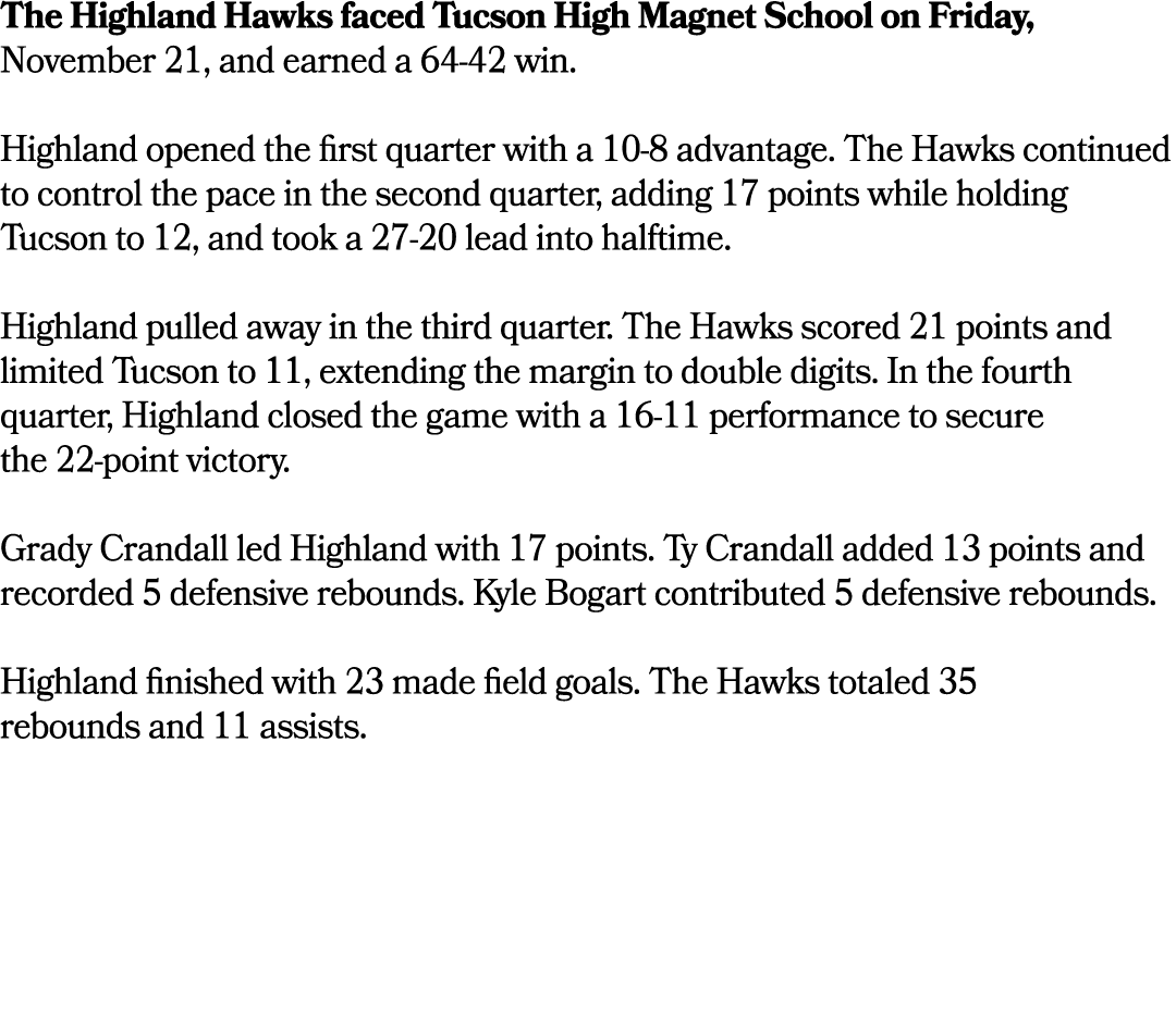 The Highland Hawks faced Tucson High Magnet School on Friday, November 21, and earned a 64 42 win. Highland opened th...