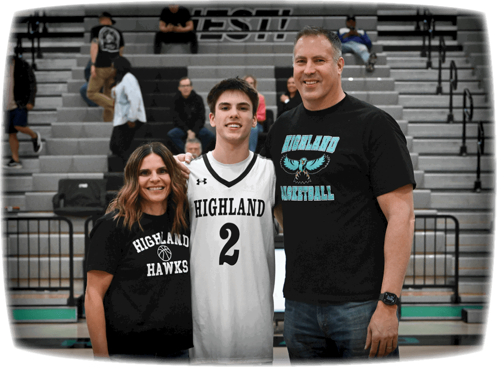A man and woman pose with a young man in a basketball uniform. AI generated content