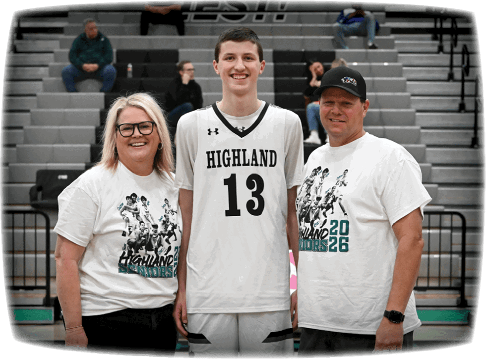A man wearing a basketball jersey stands between two people, both wearing white shirts. The man in the jersey is wearing a number 13. AI generated content