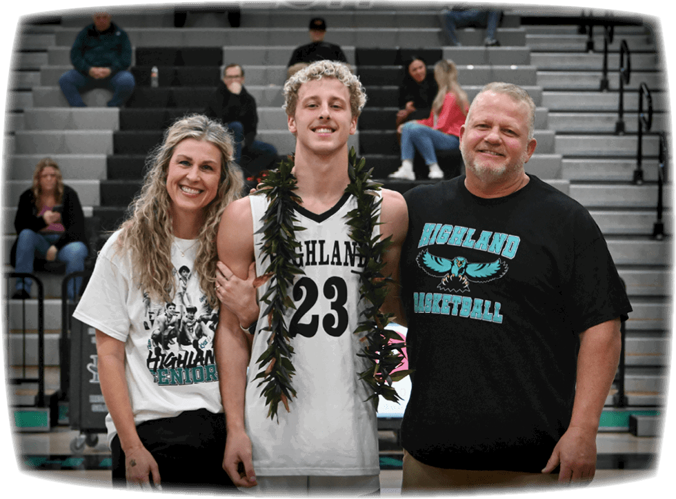 A man wearing a basketball uniform stands between a man and a woman, both of whom are holding his arms. AI generated content