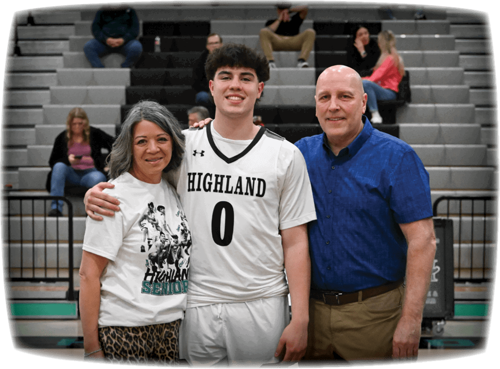 A man and two women pose for a photo on a basketball court. The man is wearing a basketball uniform and has the number 0 on his jersey. AI generated content