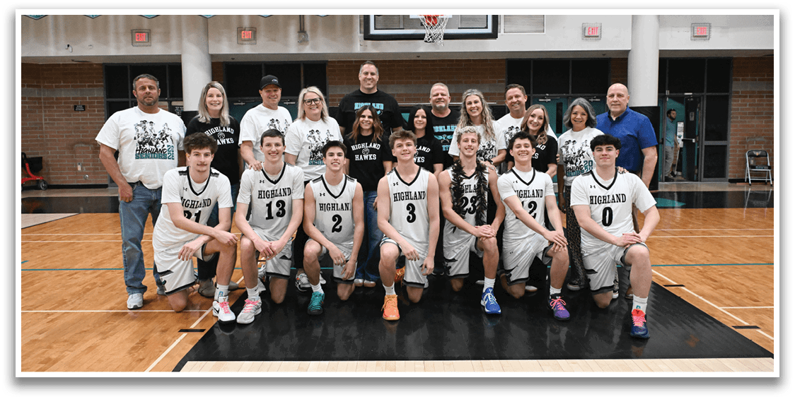 A group of people pose for a photo on a basketball court. AI generated content