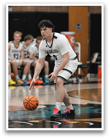 A basketball player is holding the ball while other players watch. AI generated content