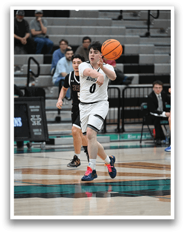 A basketball player wearing a white jersey is holding a basketball while running on the court. AI generated content