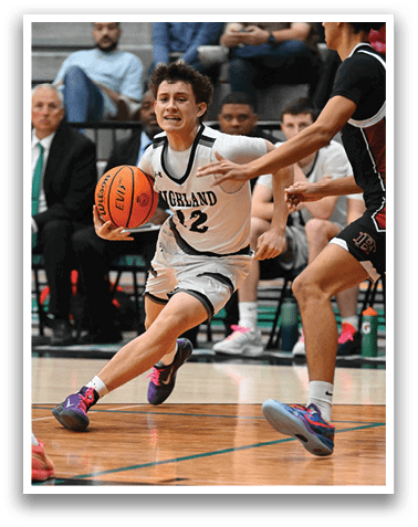 Two men are playing basketball, one holding a basketball and the other trying to block him. AI generated content