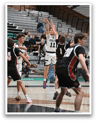 A basketball player is jumping up to shoot the ball while other players look on. AI generated content
