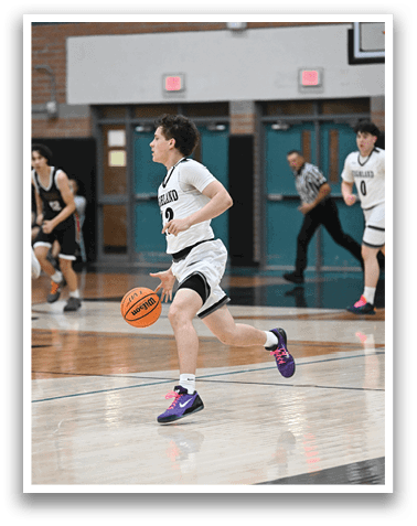 A basketball player in a white uniform is running with a basketball in his hand. AI generated content