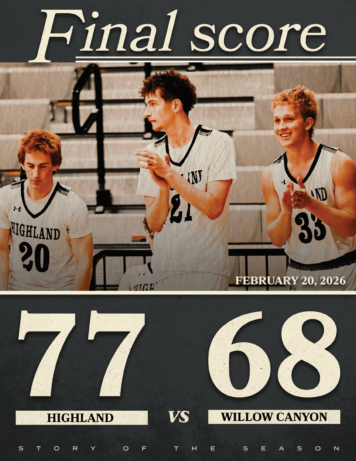 A group of men are standing on a basketball court, with one of them holding a scoreboard showing the score of 77 to 68. AI generated content