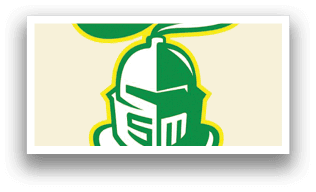 A green and yellow shield with a knight's helmet and a sword. AI generated content