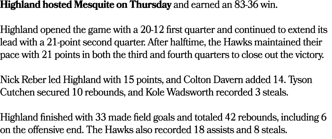 Highland hosted Mesquite on Thursday and earned an 83 36 win. Highland opened the game with a 20 12 first quarter and...