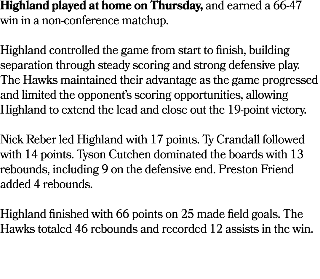 Highland played at home on Thursday, and earned a 66 47 win in a non conference matchup. Highland controlled the game...
