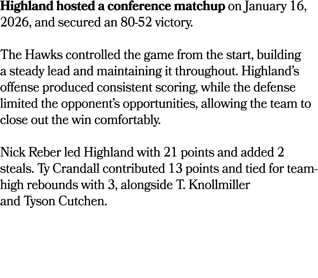 Highland hosted a conference matchup on January 16, 2026, and secured an 80 52 victory. The Hawks controlled the game...