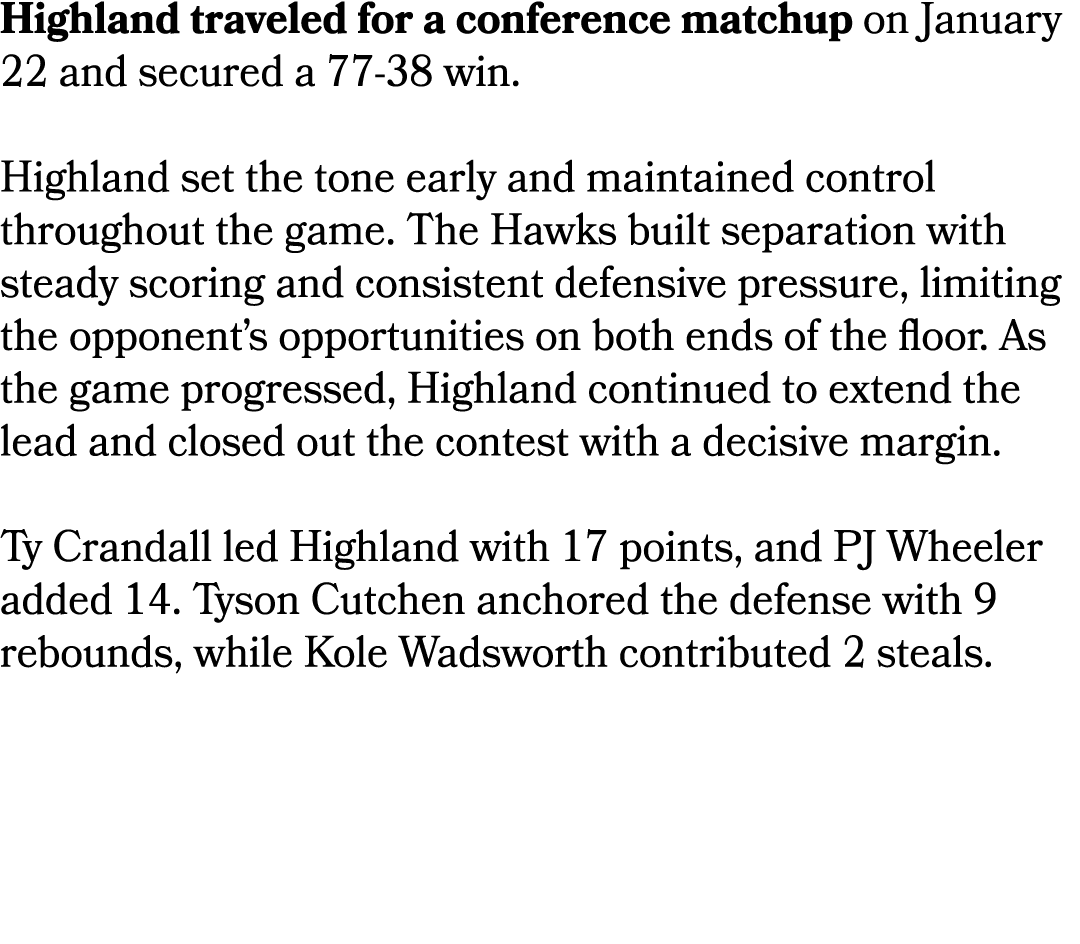 Highland traveled for a conference matchup on January 22 and secured a 77 38 win. Highland set the tone early and mai...