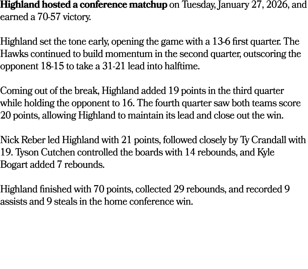 Highland hosted a conference matchup on Tuesday, January 27, 2026, and earned a 70 57 victory. Highland set the tone ...