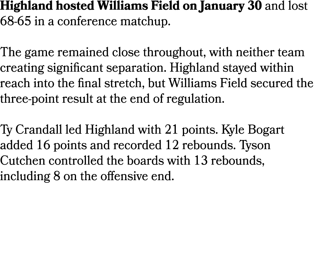 Highland hosted Williams Field on January 30 and lost 68 65 in a conference matchup. The game remained close througho...