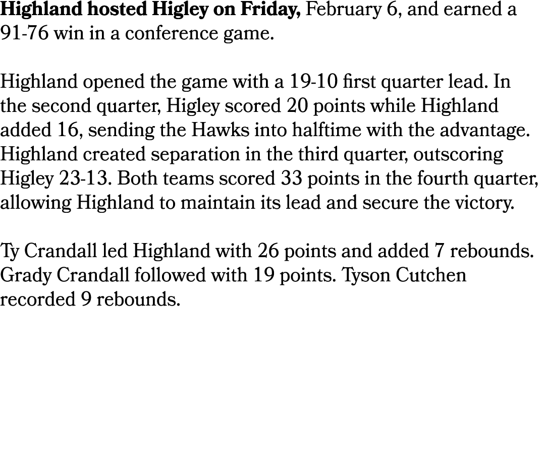 Highland hosted Higley on Friday, February 6, and earned a 91 76 win in a conference game. Highland opened the game w...