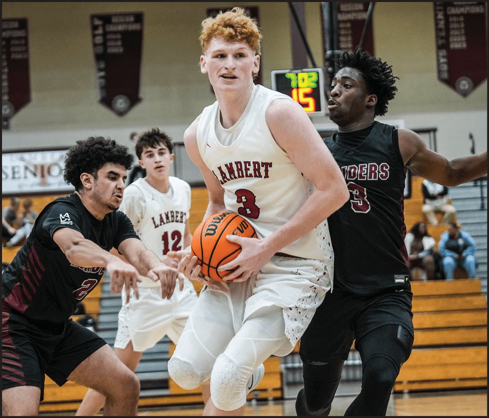 A basketball game in progress with a player holding the ball and two other players trying to block him. AI generated content